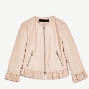 Zara pink leather jacket with ruffle detail